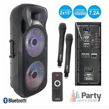 COLUNA AMPLIFICADA 2X15" 1000W USB/FM/BT/SD/BAT UHF PRETA PARTY